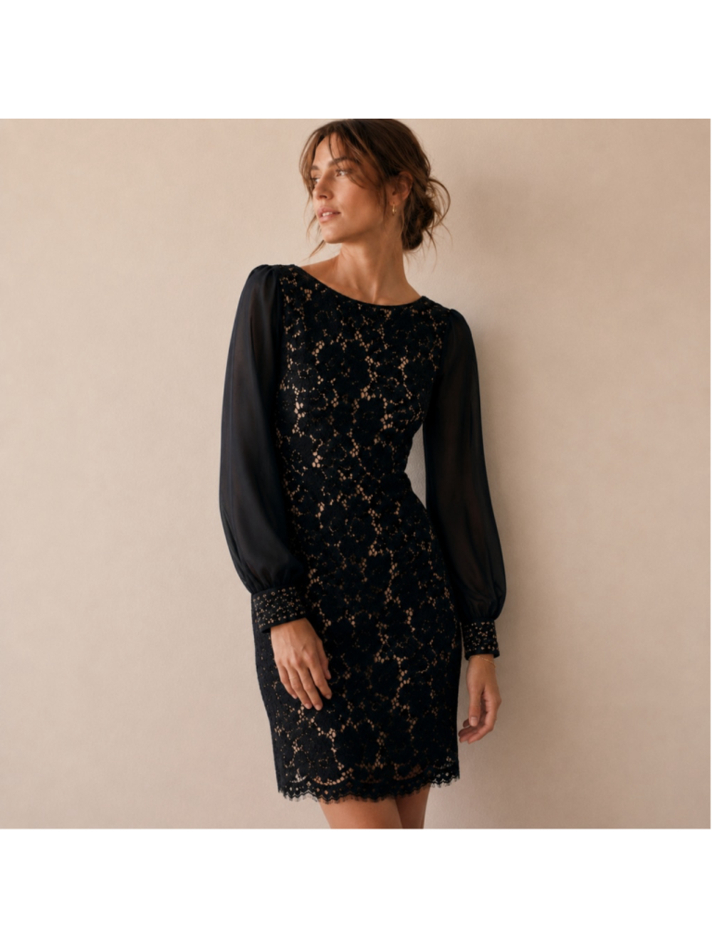 Eliza J Sheer Lace Cocktail Sheath Dress Sz 4 Black